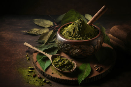 green tea powder and dried leaves on a wooden backgroundの素材