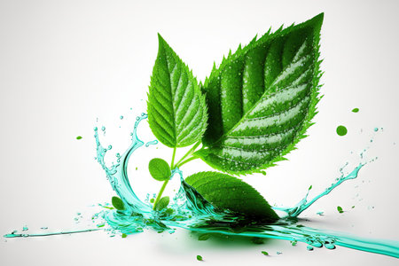 Fresh spearmint leaf and a spray of mint oil on a white backgroundの素材
