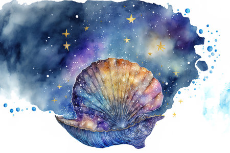 Illustration in watercolor with a starry seashell reflectionの素材