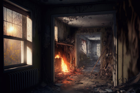 Interior of a home damaged by fireの素材