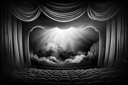 Scene from an empty theater with bright lighting and smoke effectsの素材