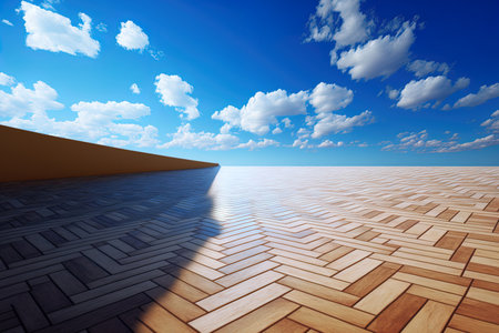 Parquet flooring beneath a blue skyの素材