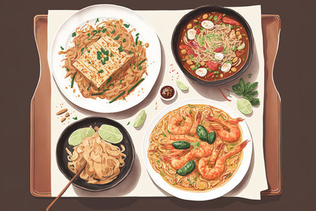 assorted thai food with shrimp pad thai and panang curryの素材