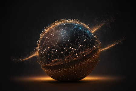 Particle sphere against a dark background of technologyの素材