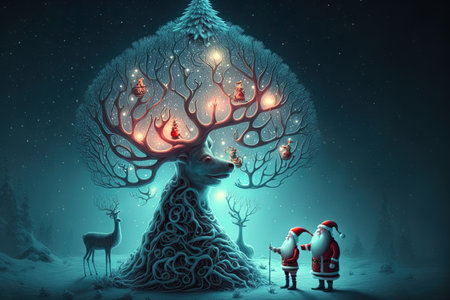Under the Christmas tree, there is a snowman, illuminated deer, and Christmas gnomeの素材