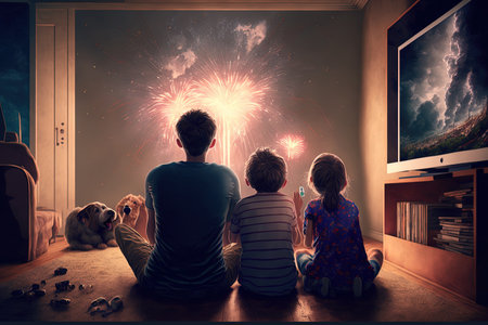 happy family watching the fireworks while seated on the floorの素材