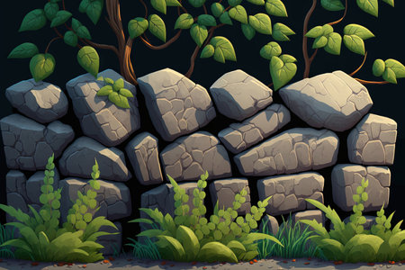 Illustration of stone fence with vegetation.の素材