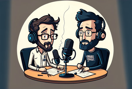 pals making a podcast on the side viewの素材