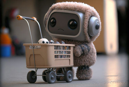 adorable artificial intelligence helper robot with a cartの素材