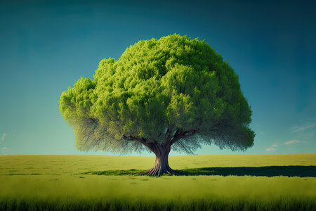 a tree in the midst of a green field with a backdrop of a blue skyの素材