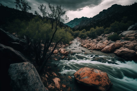 gloomy sky, river surrounded by rocks with vegetation and parched grassの素材