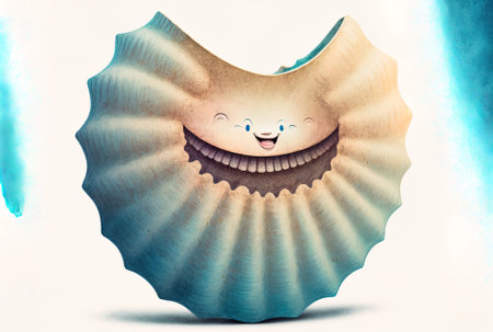 Illustration in watercolor of an enormous beige blue seashell with lovely teethの素材