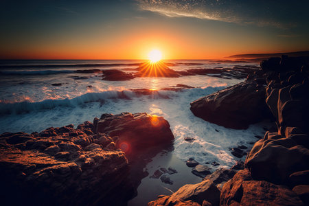 Sunrise over the ocean, with a vertical perspective of rocksの素材
