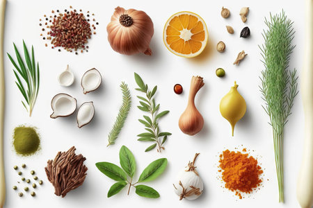 Isolated fresh herbs and spices on a white backgroundの素材