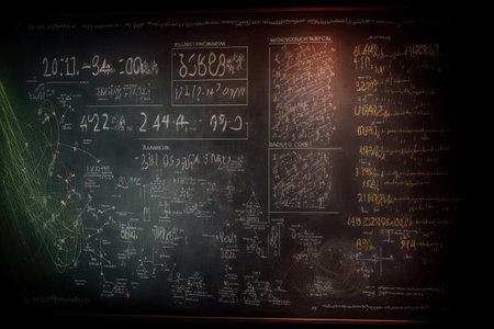 Physics calculations and scientific formulas written on a blackboardの素材