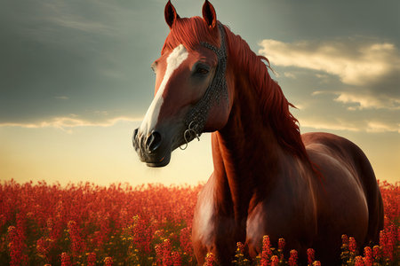 Long maned red horse in flower field with sky in the backgroundの素材