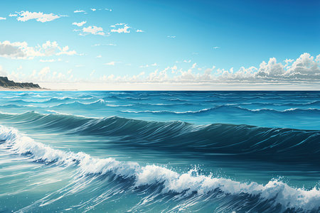 Waves with a soft surface, blue sky, and calm Mediterranean sea in the backgroundの素材