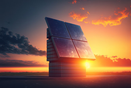 Solar panel against stunning sky at sunsetの素材
