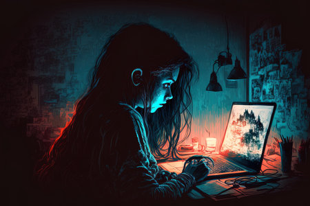 teen girl compromising computer network security at night while using laptopの素材