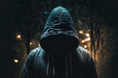 a hooded figure in the night hiding their identityの素材