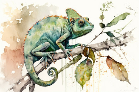 Watercolor Painting of a Green Chameleon Perched on a Tree Branchの素材