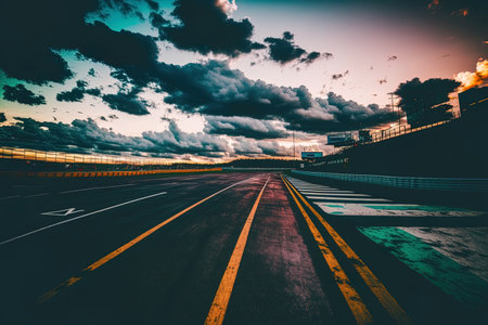 empty asphalt race circuit road, city structures, and clouds in the sky at duskの素材