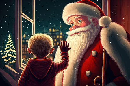 boy waving to santa claus on christmas nightの素材
