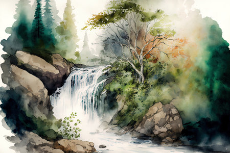 Impressionist watercolor artwork of a waterfall and woodland sceneの素材