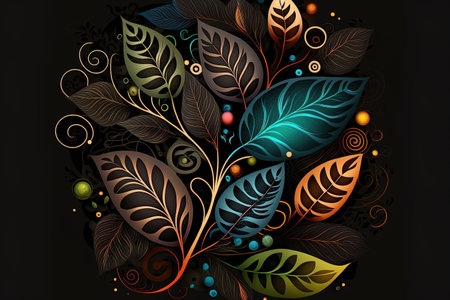 abstract leaves and circles on a black background.の素材