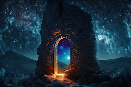 On a mountain at night, a magic doorwayの素材