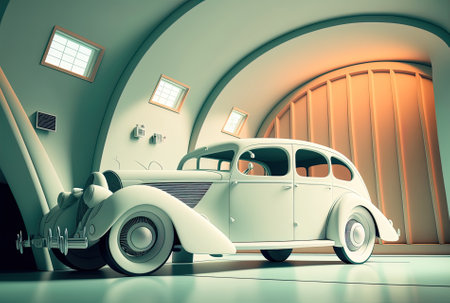 Modern fancy white automobile parked indoors in particle view throughout the dayの素材