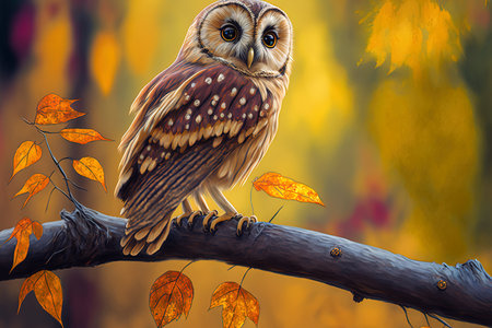 Owl perched on a branch in a flat autumn imageの素材