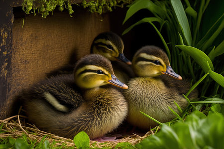 There are three mallard ducklings in the nestの素材