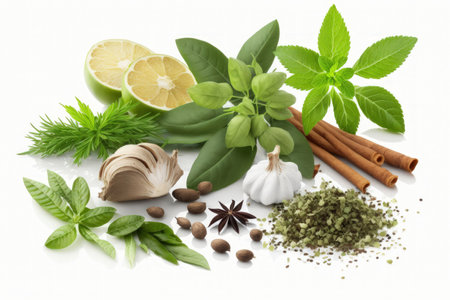 Isolated fresh herbs and spices on a white backgroundの素材