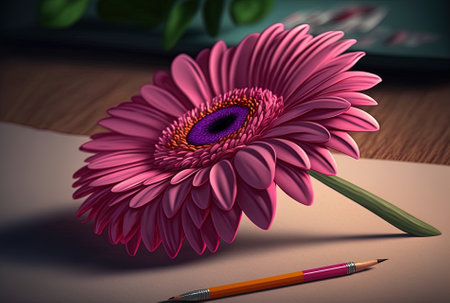 On a table, a pink gerbera flower with petalsの素材