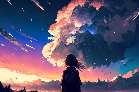 digital artwork of a lonely fantasy anime girl gazing at the skyの素材