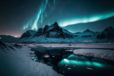 a stunning image of snow covered mountains lit by arctic nightの素材