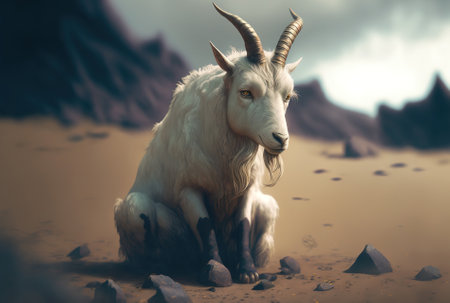 White goat sitting in the dirt, sadの素材