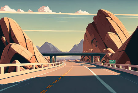 picture of a long overpass road near some mountains in the distanceの素材