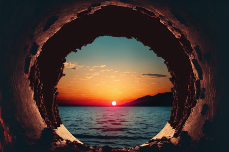 sunset seascape with an unsettling hollow tunnelの素材