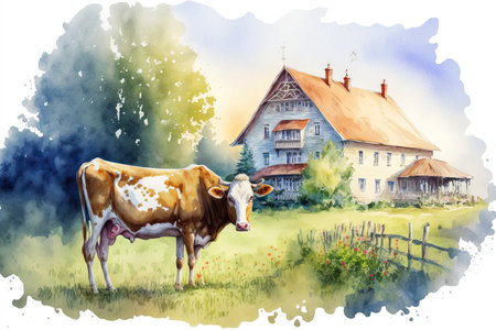 Illustration in watercolor. watercolor rural countryside of the summerの素材