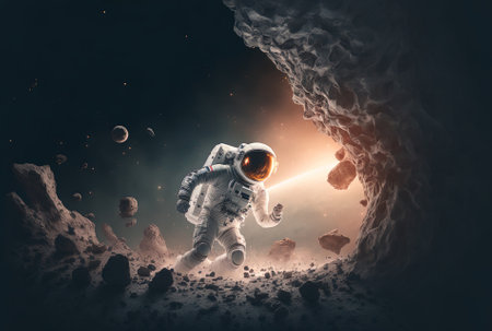 In an asteroid scenario, an astronautの素材