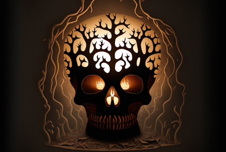 Halloween penumbra with a skull lighted from above and a brown backdropの素材
