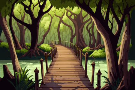 Mangrove woodland has a wooden bridge. Observe natureの素材