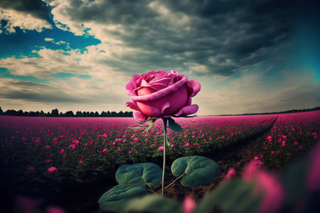 Sky and a pink rose on a fieldの素材
