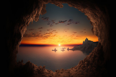 Old fashioned sea sunset as seen from the mountain caveの素材