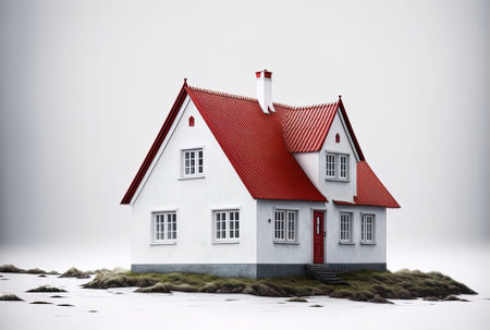 Red roofed house in white on a white backgroundの素材