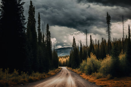 On a cloudy day, a forest road. National Park in Montana, United Statesの素材