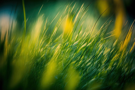 Grass is in sharp focus with blurry abstract background.の素材
