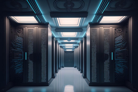 The symmetry of a modern server room ranks supercomputers as lightの素材